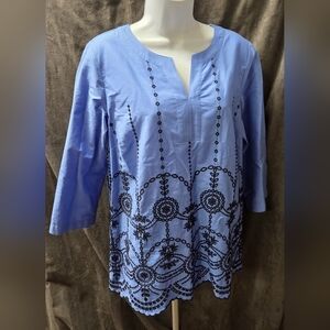 Talbots Light Blue Blouse with Black Embroidery